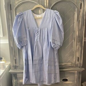 Blue and White Striped Puff Sleeve Dress